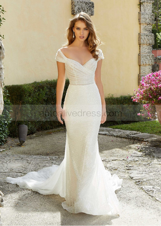 Cap Sleeves Ivory Glitter Lace Pleated Wedding Dress Cap Sleeves Ivory Glitter Lace Pleated Wedding Dress